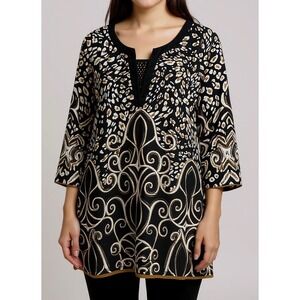 JM Collection XL Tunic Top Black Gold Animal Scroll Print Studded 3/4 Sleeve